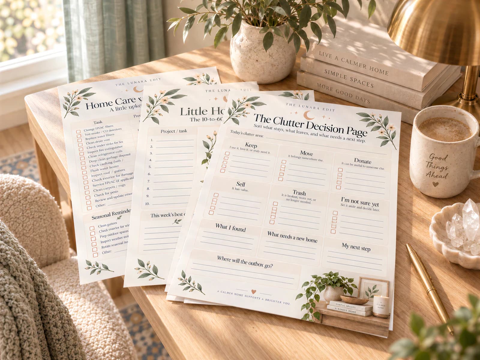 The Clutter Decision Page, with boxes for keep, move, donate, sell, trash, and I’m not sure yet, fanned over the Little Home Projects and Home Care pages on a wooden desk