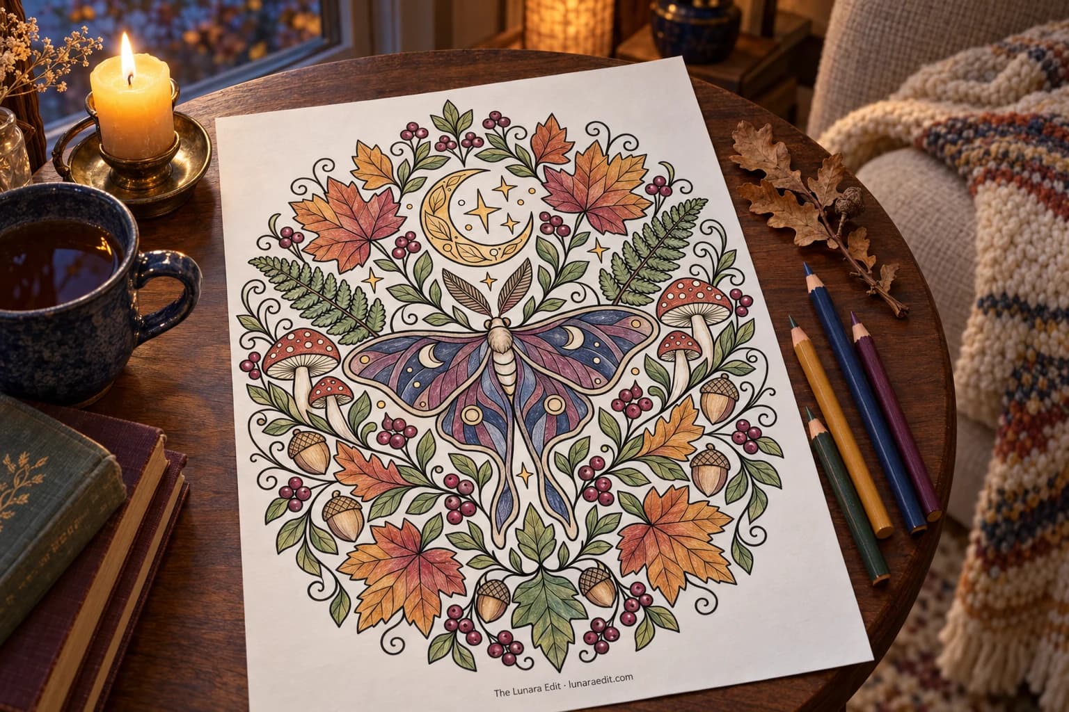 A moth and crescent-moon mandala colored in indigo, plum, moss and rust on a walnut table beside a beeswax candle and tea.