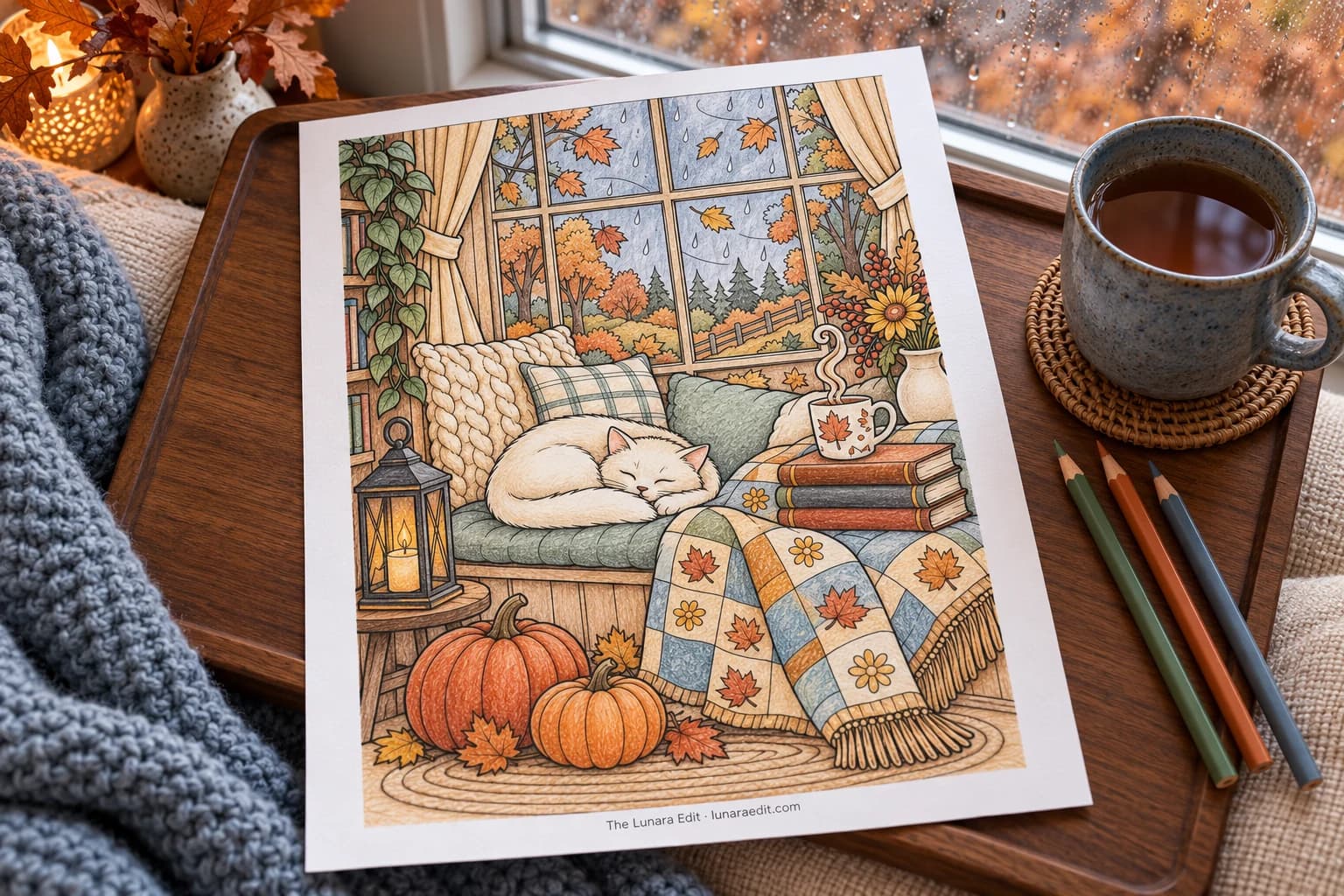 A colored rainy reading nook page with a sleeping cat on a wooden tray beside tea, a knitted blanket and a rain-speckled autumn window.