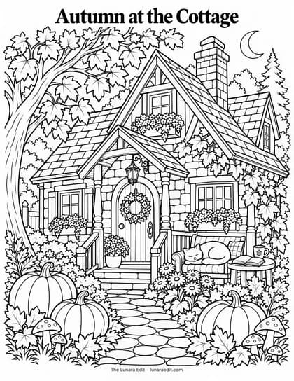 Uncolored Autumn at the Cottage printable coloring page