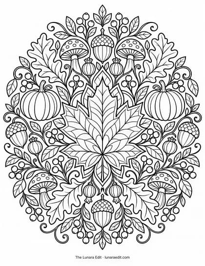 Uncolored Autumn Botanical Mandala printable coloring page