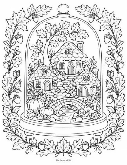 Uncolored Autumn Village Under Glass printable coloring page