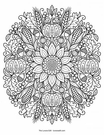 Uncolored Harvest Sunflower Mandala printable coloring page