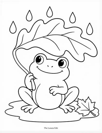 Uncolored Leaf Umbrella Frog printable coloring page