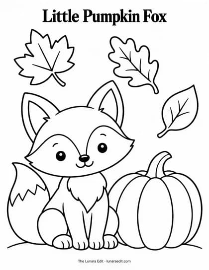 Uncolored Little Pumpkin Fox printable coloring page