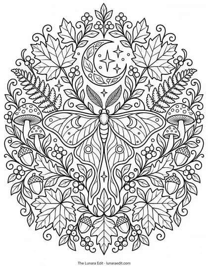 Uncolored Moonlit Moth Mandala printable coloring page