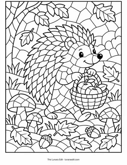 Uncolored Mosaic Hedgehog Harvest printable coloring page