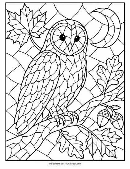 Uncolored Mosaic Moonlit Owl printable coloring page