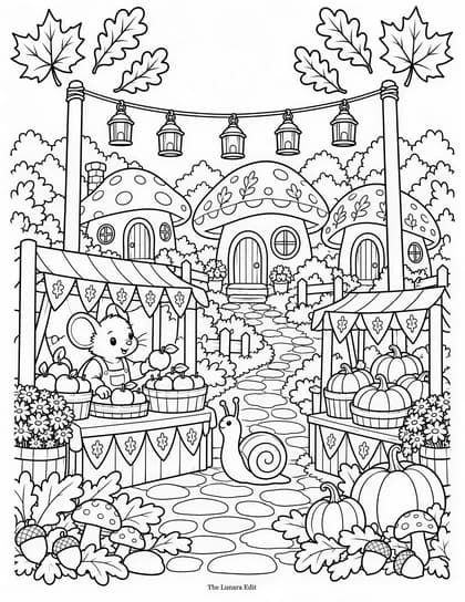 Uncolored Mushroom Village Market printable coloring page