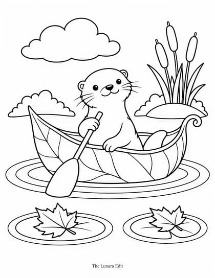 Uncolored Otter’s Leaf Boat printable coloring page