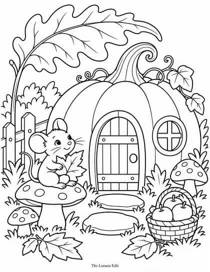 Uncolored Pumpkin Mouse House printable coloring page