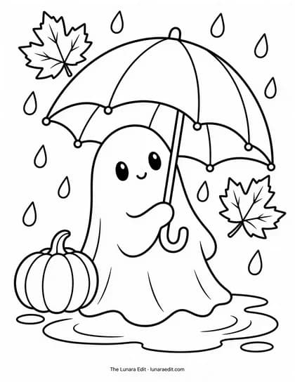 Uncolored Rainy-Day Ghost printable coloring page