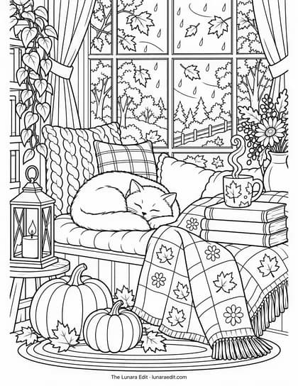 Uncolored Rainy Reading Nook printable coloring page