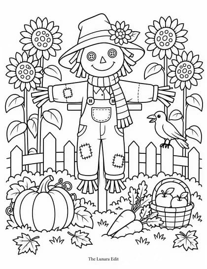 Uncolored Scarecrow’s Sunflower Garden printable coloring page