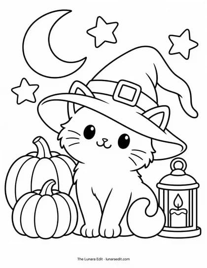 Uncolored Witchy Autumn Cat printable coloring page