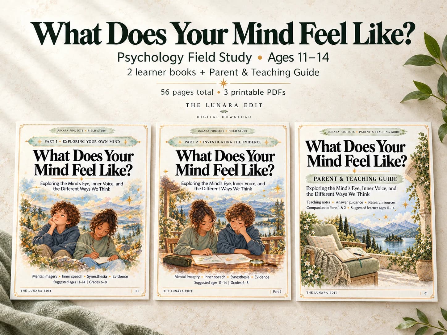 What Does Your Mind Feel Like? title above three overlapping books; ages 11–14, 56 pages and three printable PDFs.