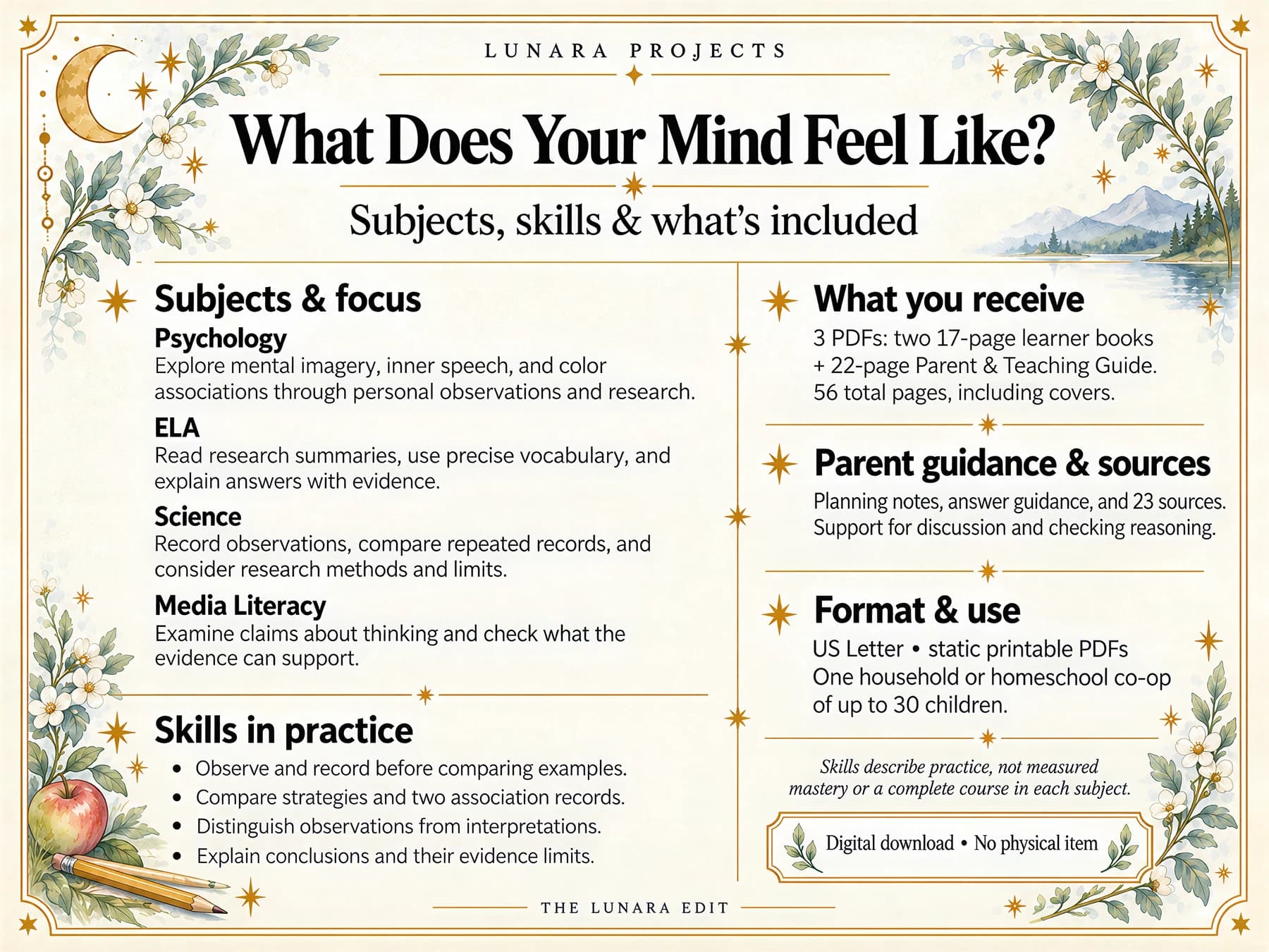 Mind study subjects, skills and contents: psychology, English Language Arts, science and media literacy, with two learner books and a teaching guide.