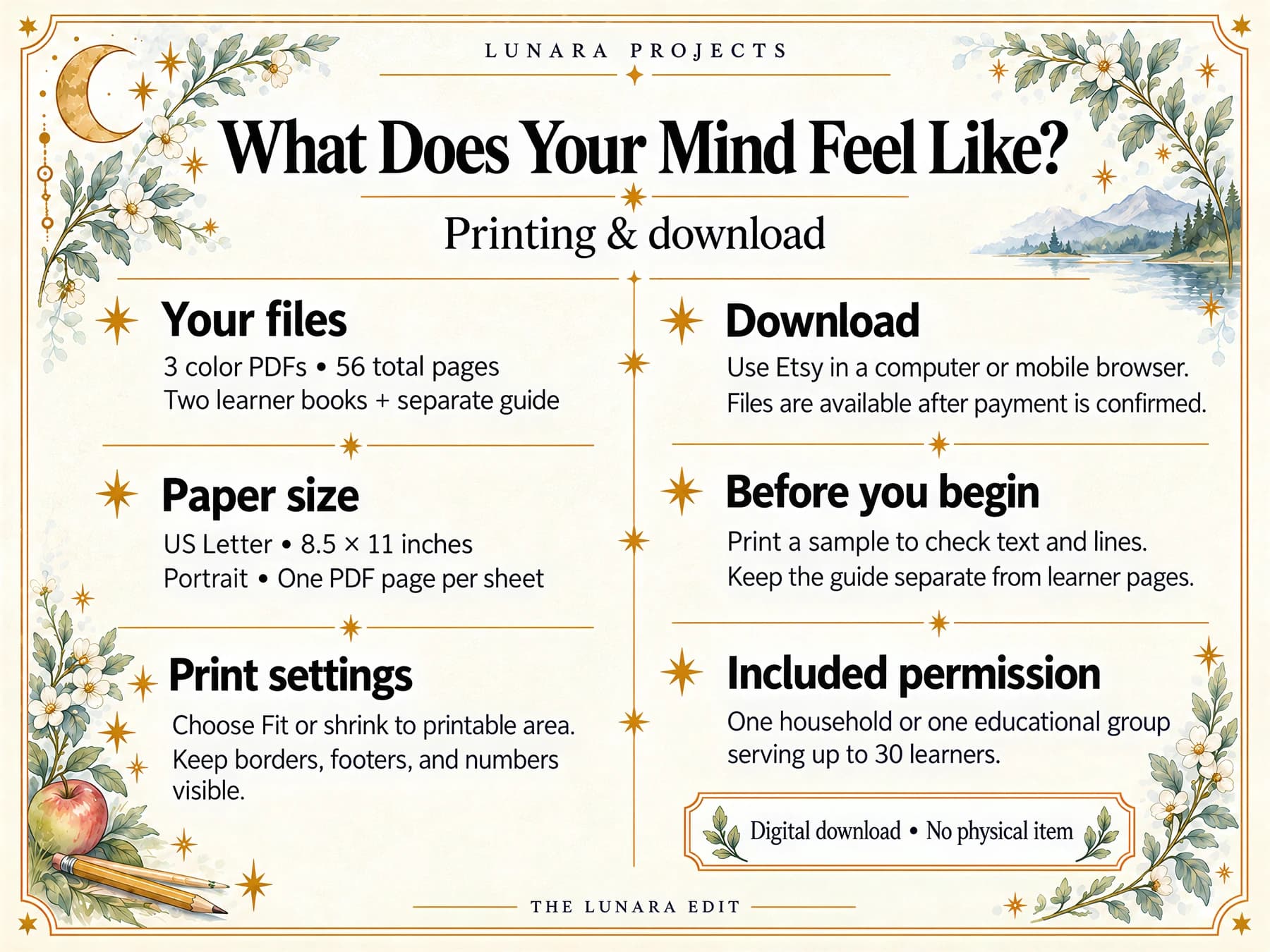 Mind study print and download details: three US Letter PDFs, 56 total pages including covers and no physical item.