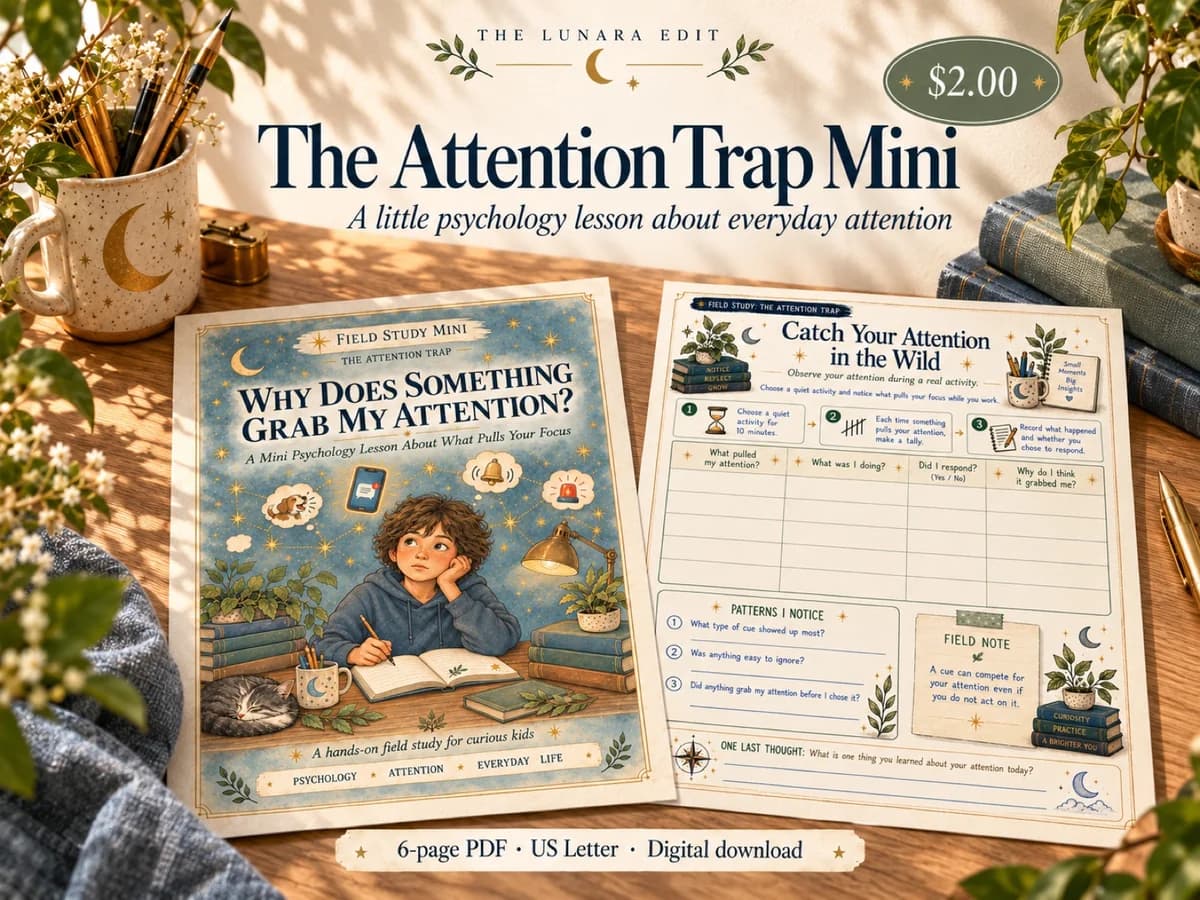The Attention Trap Mini Etsy listing artwork, with illustrated sample pages, a $2 price, and six-page PDF details.