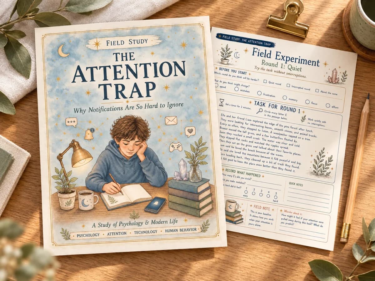 The Attention Trap cover and quiet-task experiment page arranged on a wooden desk.