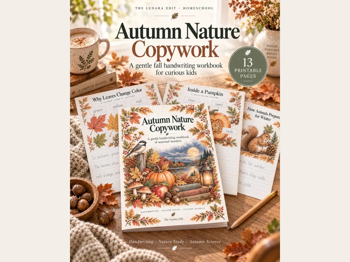 Autumn Nature Copywork Etsy listing artwork, with its cover, handwriting pages, and 13-page count.