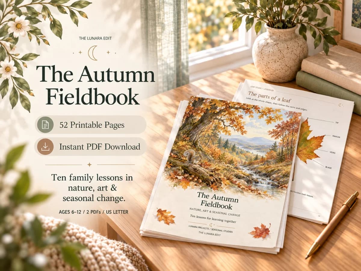 The Autumn Fieldbook Etsy listing artwork, with the illustrated cover and details for 52 printable pages of family nature, art, and writing lessons.
