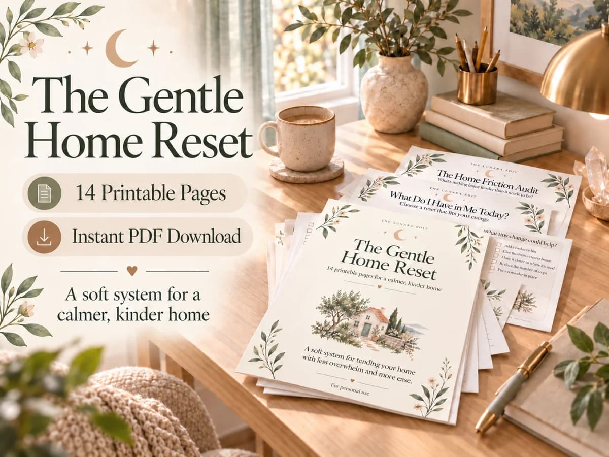The Gentle Home Reset Etsy listing artwork, with the cover, home-planning worksheets, and 14-page PDF details.