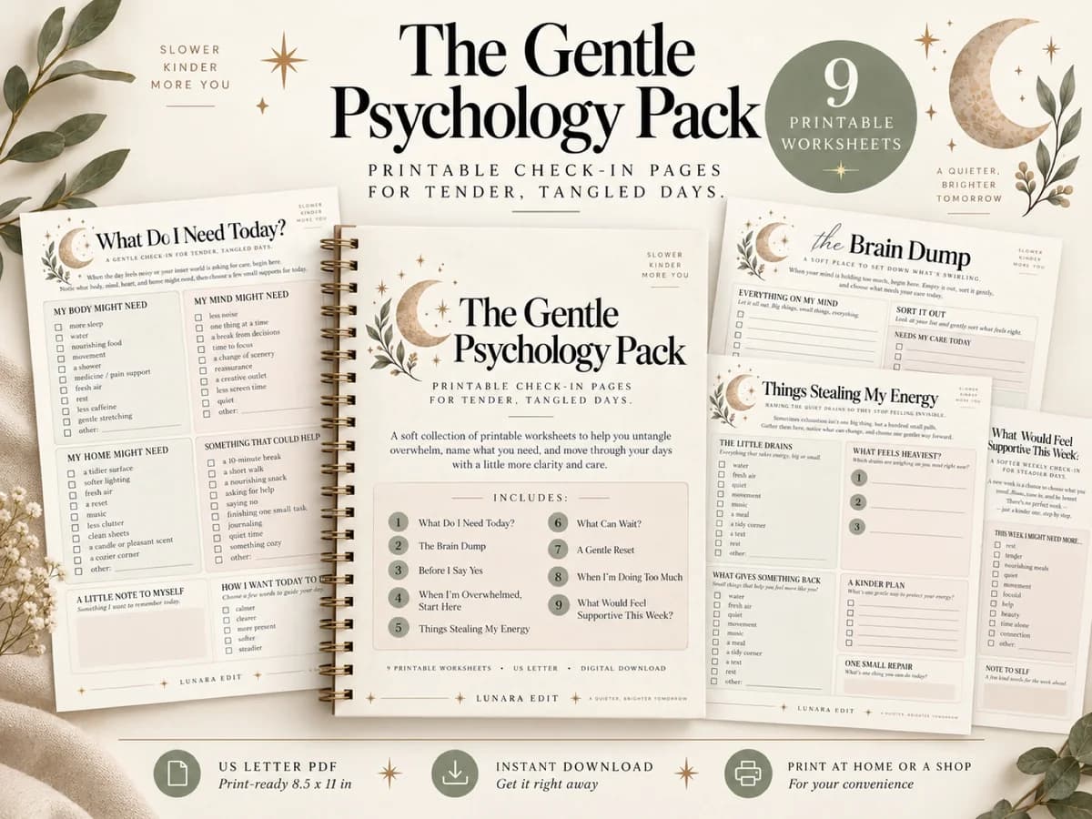 The Gentle Psychology Pack Etsy listing artwork showing the cover and nine printable reflection worksheets.