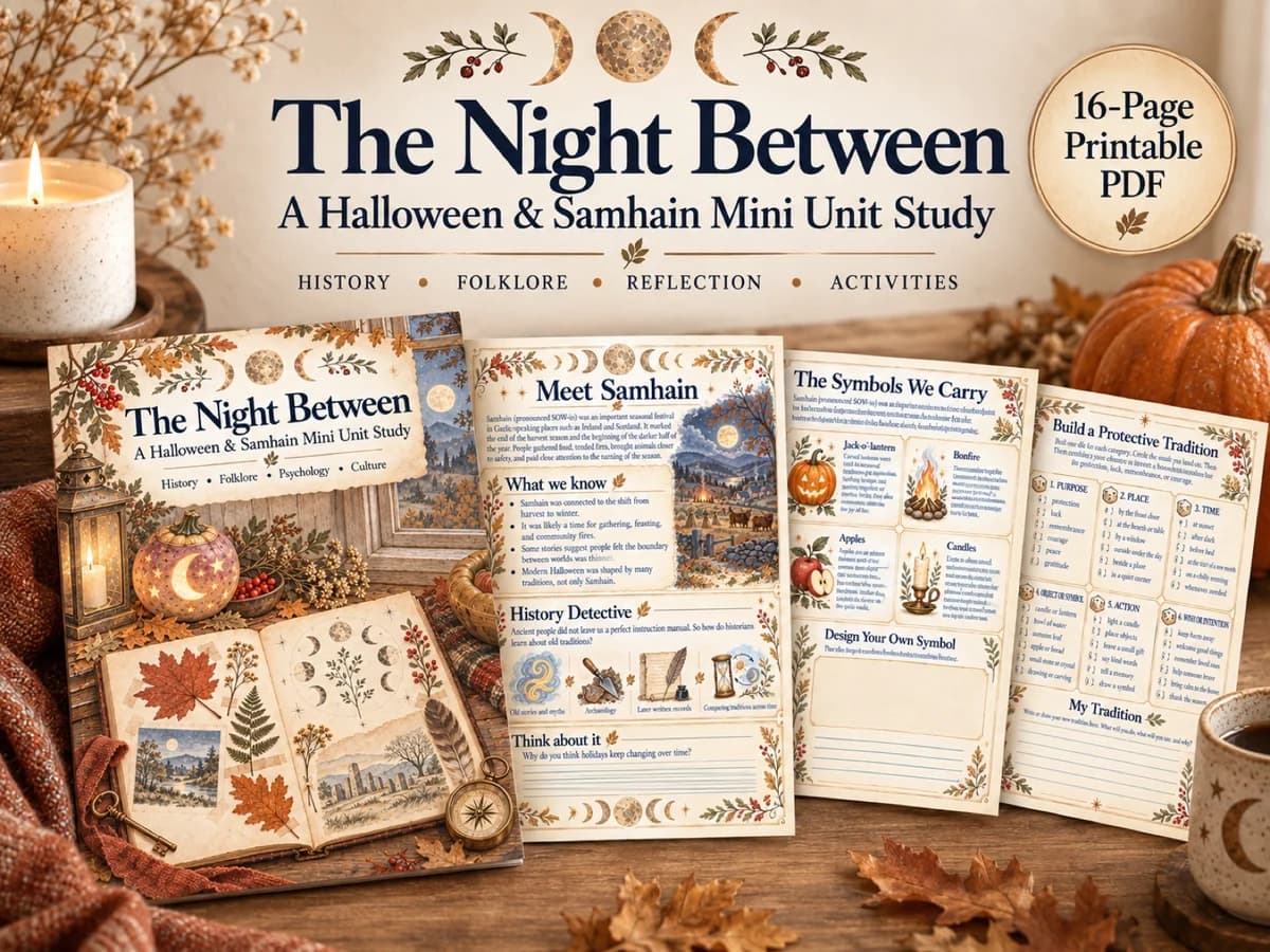 The Night Between Etsy listing artwork, with its cover, Samhain history and activity pages, and 16-page PDF details.