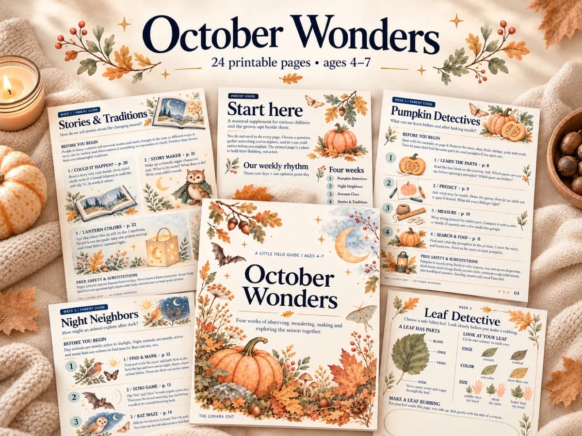 October Wonders Etsy listing artwork showing the cover and sample pumpkin, night-animal, and autumn activity pages.