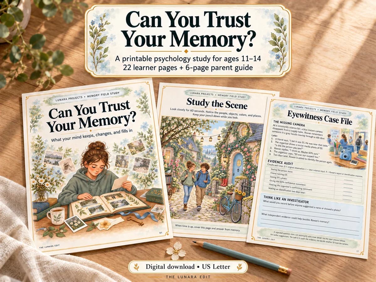 Can You Trust Your Memory? Etsy listing artwork, with the cover, experiment pages, and learner-study and parent-guide details for ages 11–14.