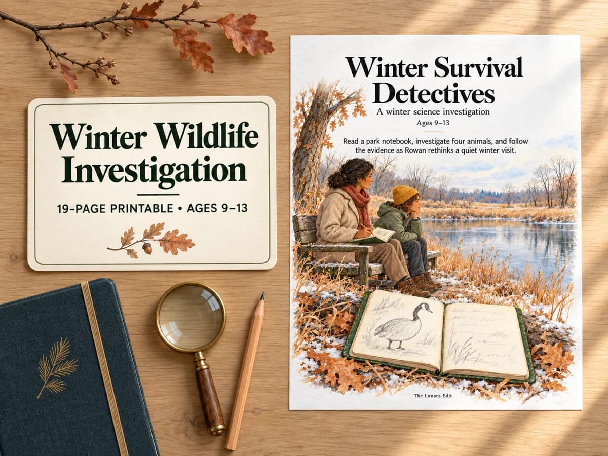 Winter Survival Detectives Etsy listing artwork, with its illustrated cover and 19-page PDF details for ages 9–13.