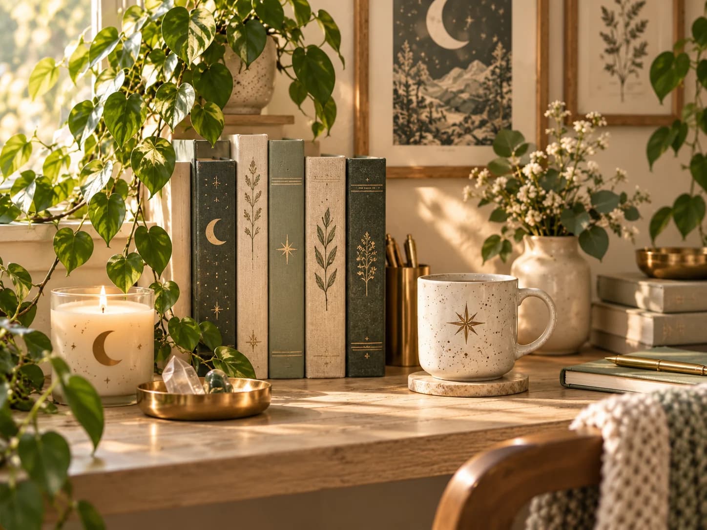 Sage and cream books beside a candle, a star-patterned mug, leafy plants, and flowers on a pale wood desk