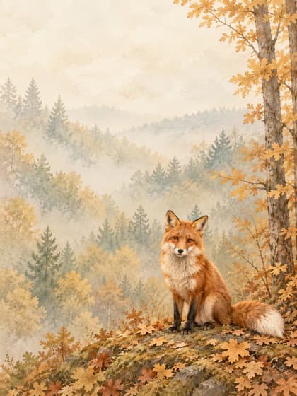 A red fox sitting beside golden leaves at the edge of a quiet woodland. Portrait iPad wallpaper preview.