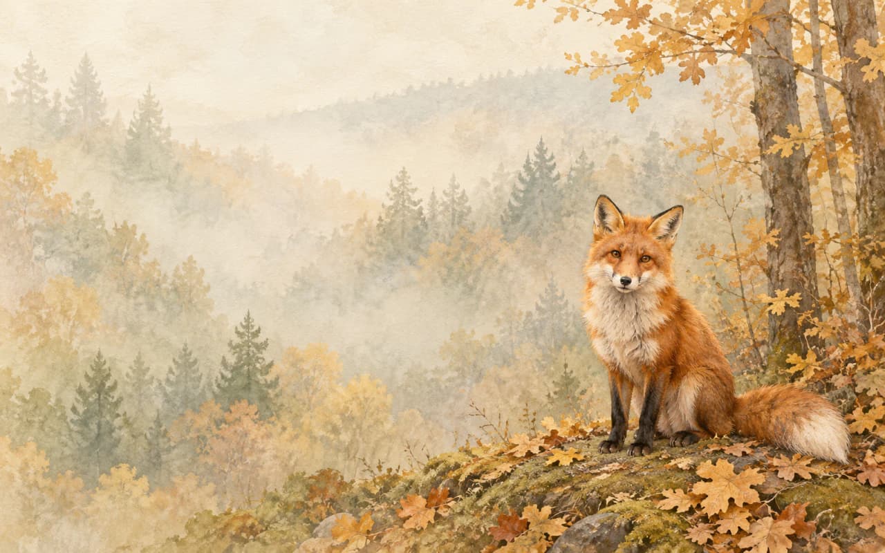 A red fox sitting beside golden leaves at the edge of a quiet woodland. Landscape MacBook wallpaper preview.