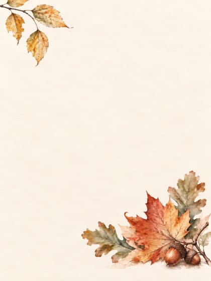 Watercolor maple and oak leaves with acorns on lightly textured cream paper. Portrait iPad wallpaper preview.