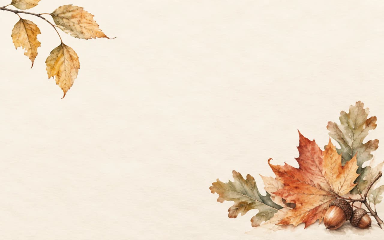Watercolor maple and oak leaves with acorns on lightly textured cream paper. Landscape MacBook wallpaper preview.