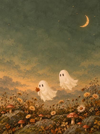 Two friendly ghosts exploring a moonlit garden of mushrooms and autumn flowers. Portrait iPad wallpaper preview.