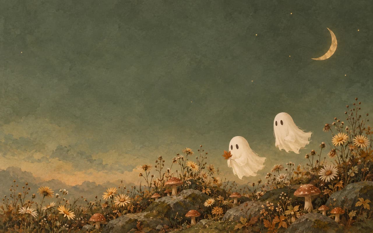 Two friendly ghosts exploring a moonlit garden of mushrooms and autumn flowers. Landscape MacBook wallpaper preview.