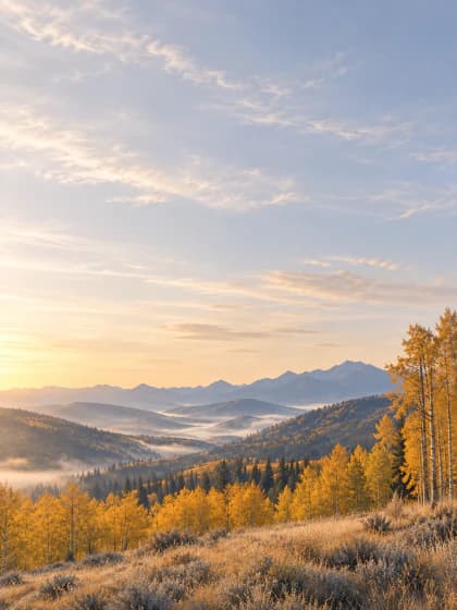 Amber trees and layered blue hills beneath a wide, pale autumn sky. Portrait iPad wallpaper preview.