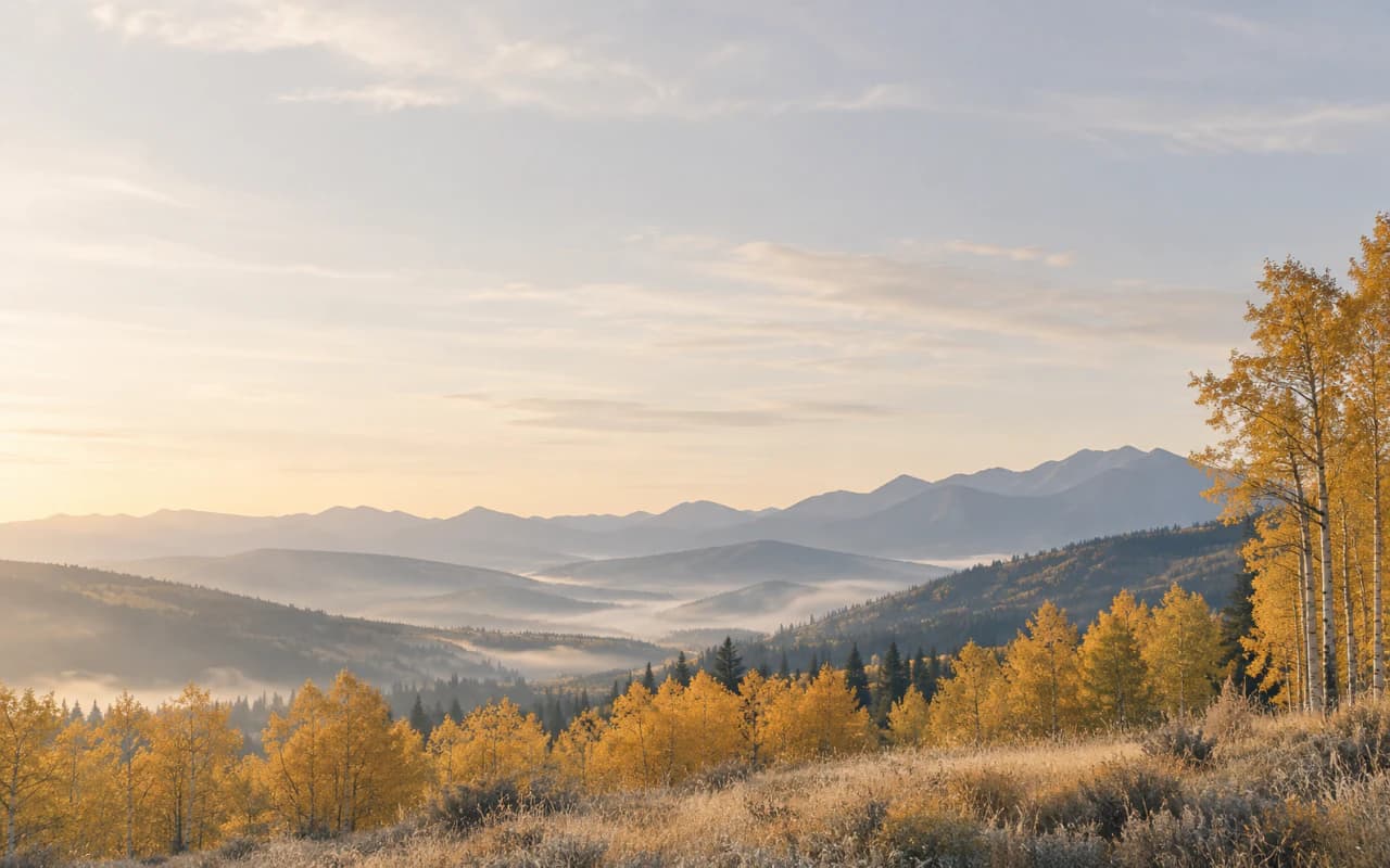 Amber trees and layered blue hills beneath a wide, pale autumn sky. Landscape MacBook wallpaper preview.