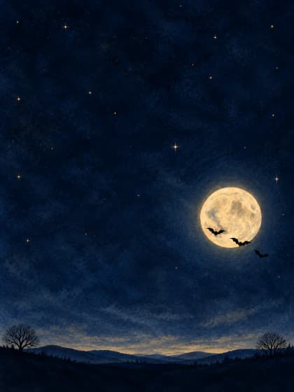 Small bats crossing a soft gold moon in a deep blue twilight sky. Portrait iPad wallpaper preview.