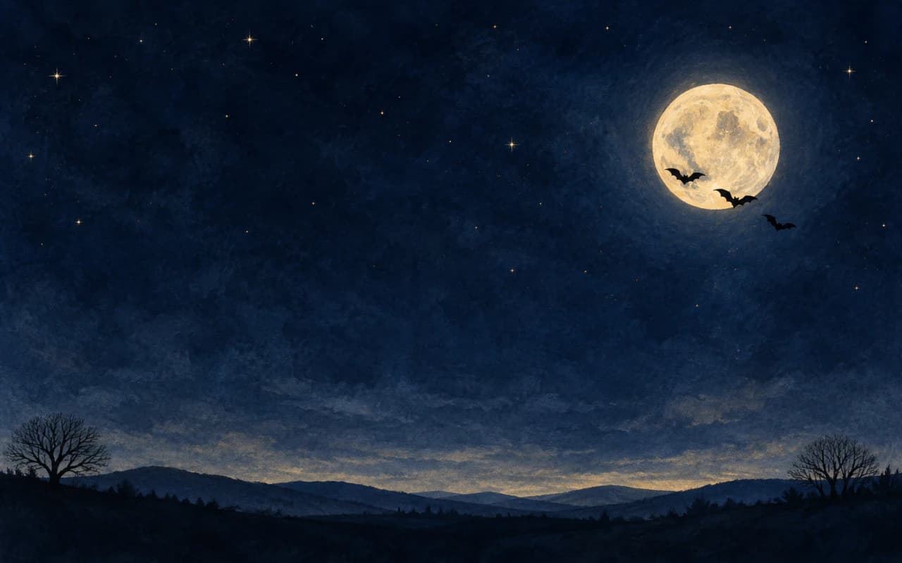 Small bats crossing a soft gold moon in a deep blue twilight sky. Landscape MacBook wallpaper preview.