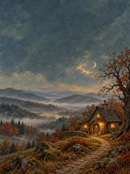 A crooked-roof woodland cottage with warm windows and a tiny pumpkin by the door. Portrait iPad wallpaper preview.