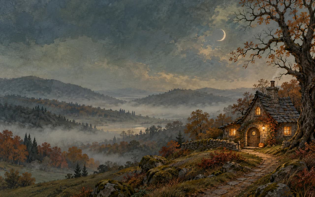 A crooked-roof woodland cottage with warm windows and a tiny pumpkin by the door. Landscape MacBook wallpaper preview.