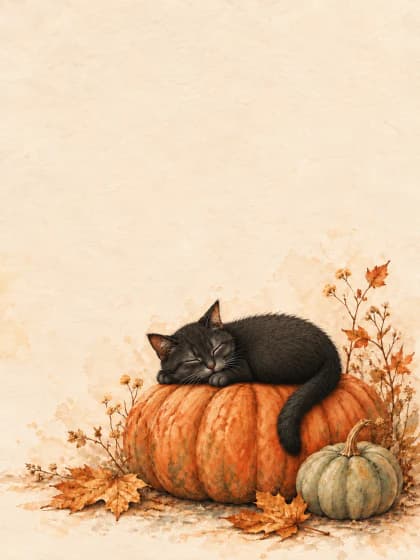 A sleepy black cat curled on a pumpkin against warm cream. Portrait iPad wallpaper preview.