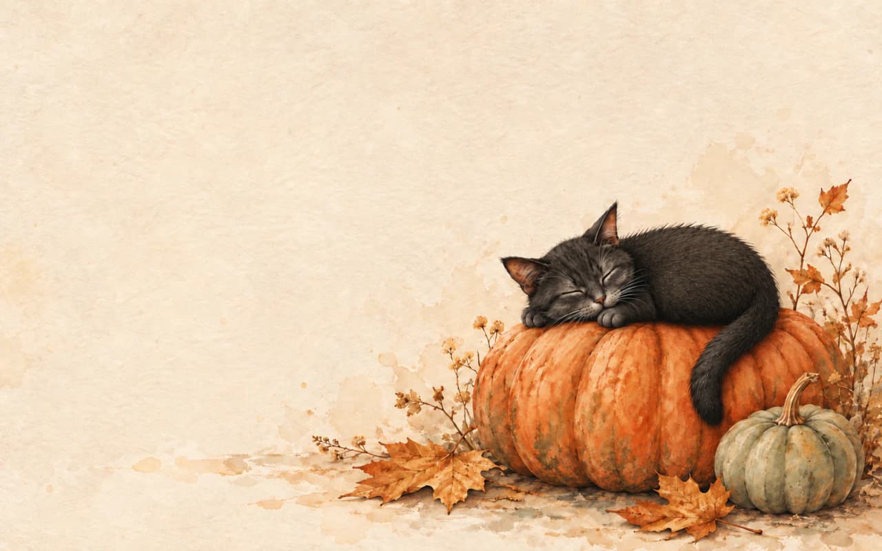 A sleepy black cat curled on a pumpkin against warm cream. Landscape MacBook wallpaper preview.