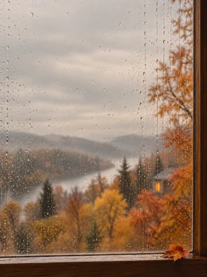Raindrops on a window with soft copper leaves and a warm light beyond the glass. Portrait iPad wallpaper preview.