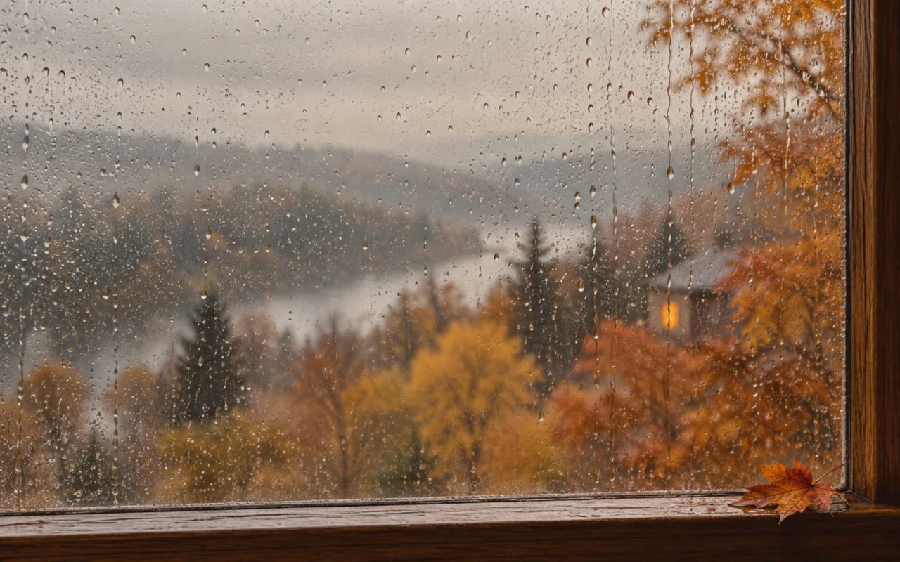 Raindrops on a window with soft copper leaves and a warm light beyond the glass. Landscape MacBook wallpaper preview.