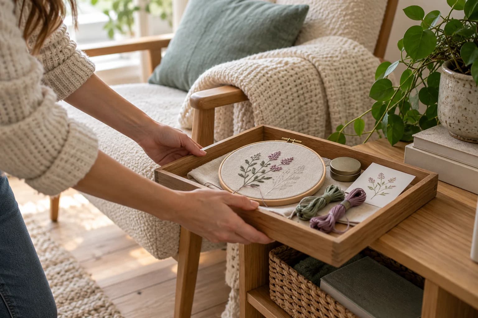 A woman sets down a wooden tray holding a partly embroidered botanical hoop, thread, and a small closed tin beside a cream chair.
